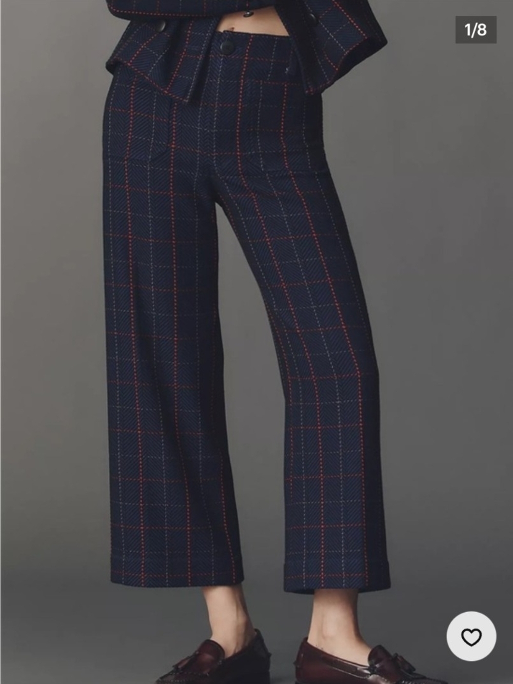 Anthropology Maeve Navy Wide-Leg Pants with Red Grid Windowpane